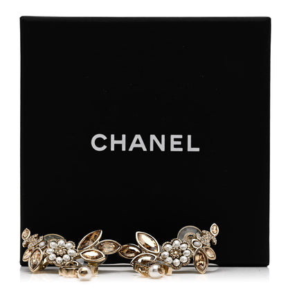 Chanel Pearl Crystal CC Flower Cluster Drop Earrings Gold Light Brown Pearly White 5 of 5