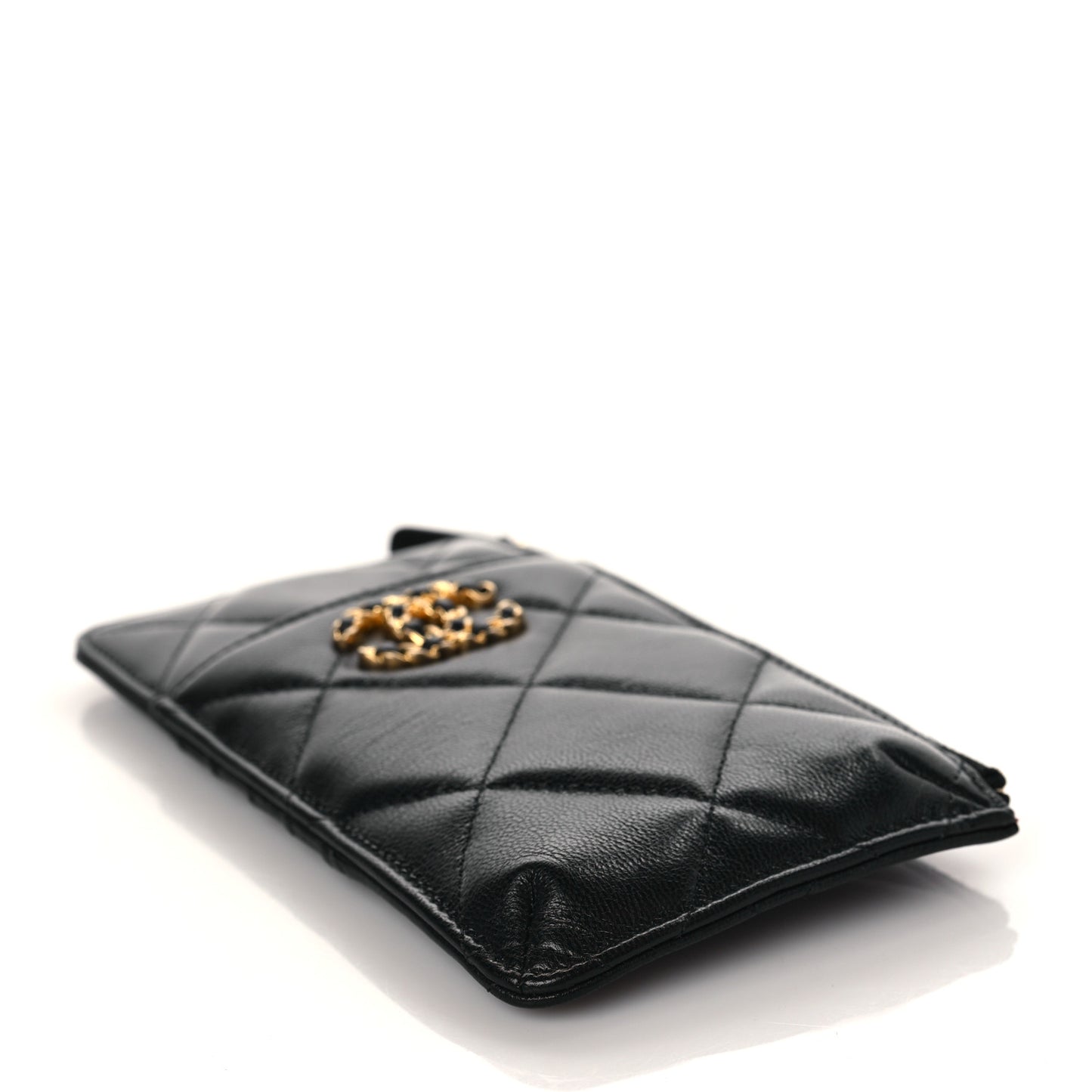 Shiny Goatskin Quilted Chanel 19 Phone and Card Holder Black