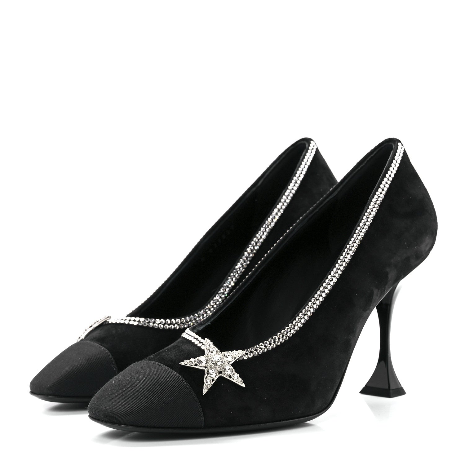 Chanel Suede Grosgrain Crystal Star Pumps 40 Black 3 of 8
