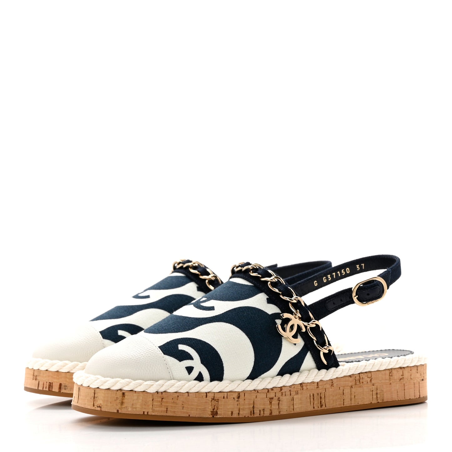 Lambskin Cotton Cork Printed Cap Toe Chain Mules Sandals 37 Navy White