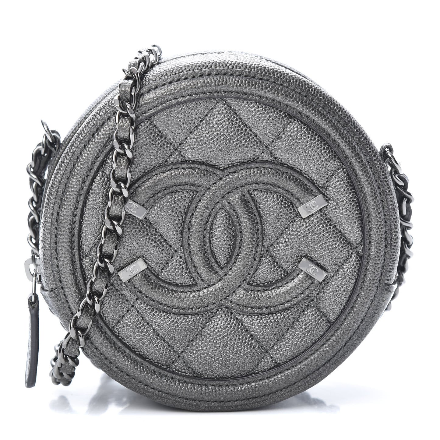 Metallic Caviar Quilted Round Filigree Crossbody Dark Silver