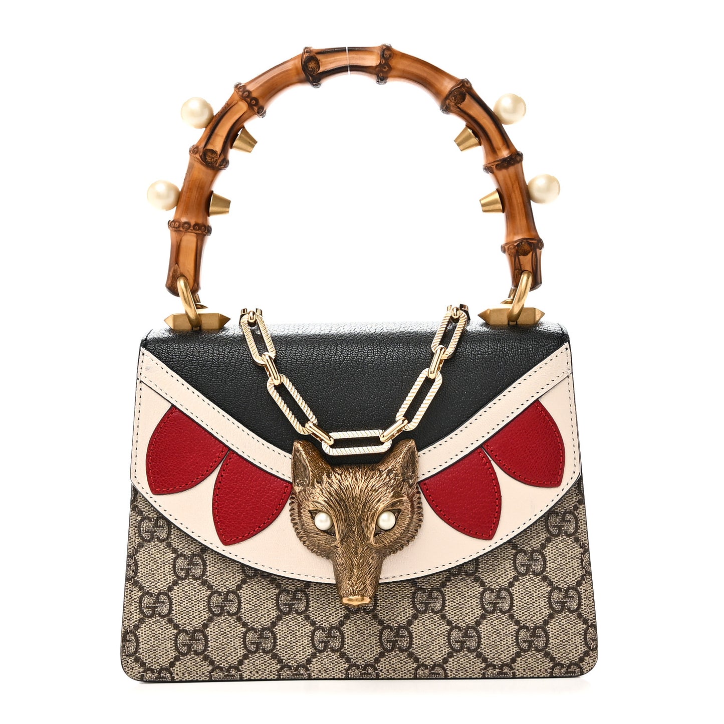 GG Supreme Monogram Goatskin Pearl Mini Fox Broche Bamboo Top Handle Bag Beige Ebony Black Hibiscus Red Mystic White