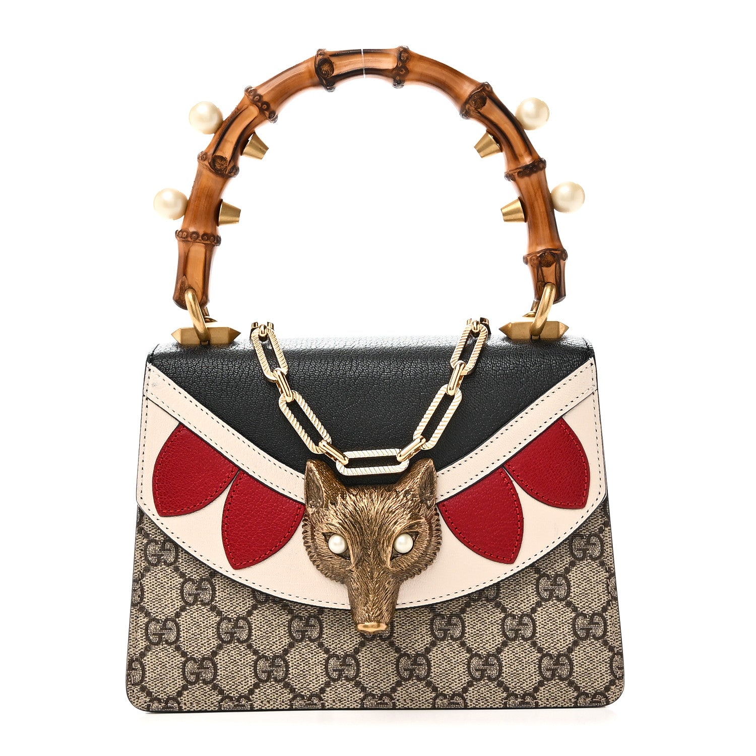 Gucci GG Supreme Monogram Goatskin Pearl Mini Fox Broche Bamboo Top Handle Bag Beige Ebony Black Hibiscus Red Mystic White 1 of 10
