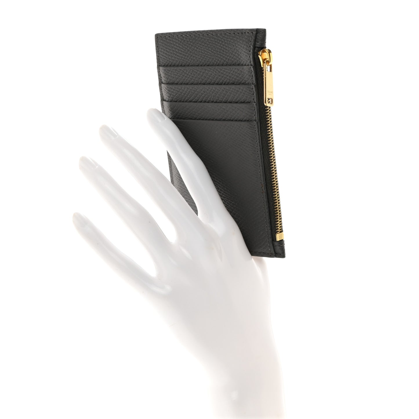 Grained Calfskin Zipped Card Holder Grey