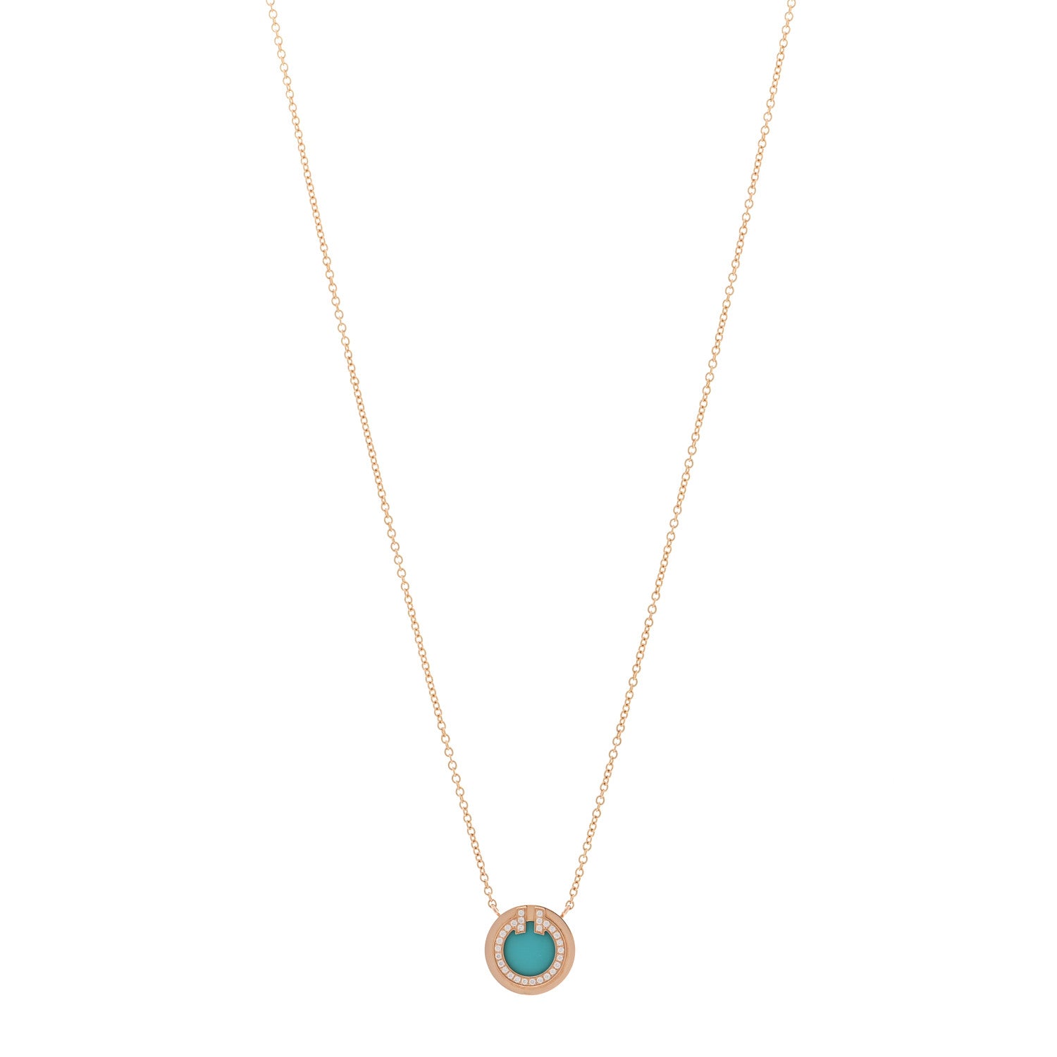Tiffany 18K Rose Gold Diamond Turquoise Small T Circle Pendant Necklace 1 of 4