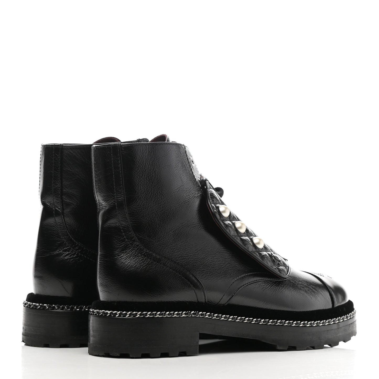 Crackled Calfskin Velvet Pearl Combat Short Boots 39.5 Black