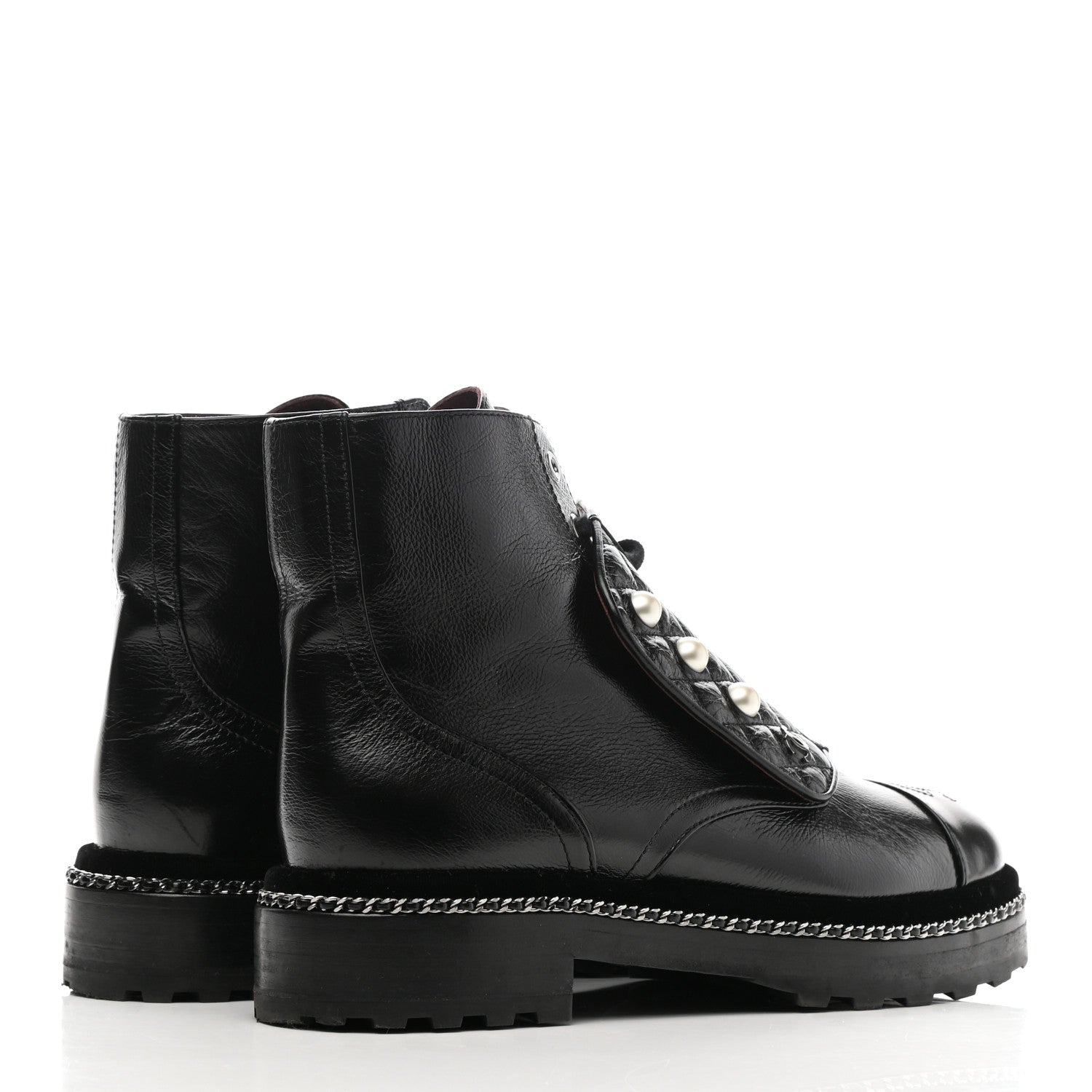 Chanel Crackled Calfskin Velvet Pearl Combat Short Boots 39.5 Black 4 of 8