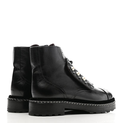 Chanel Crackled Calfskin Velvet Pearl Combat Short Boots 39.5 Black 4 of 8