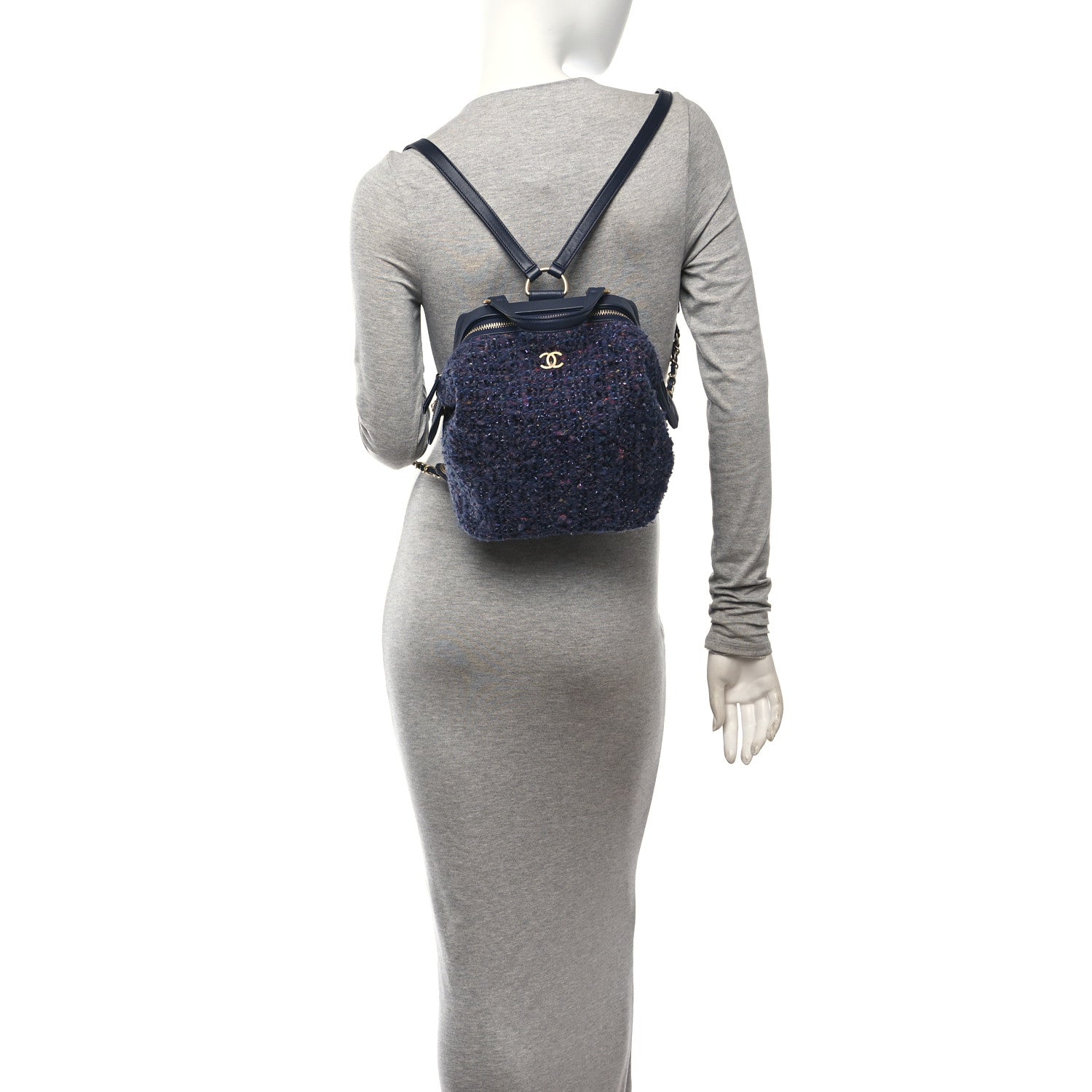 Chanel Tweed Calfskin Stitched Frame Backpack Navy 2 of 10