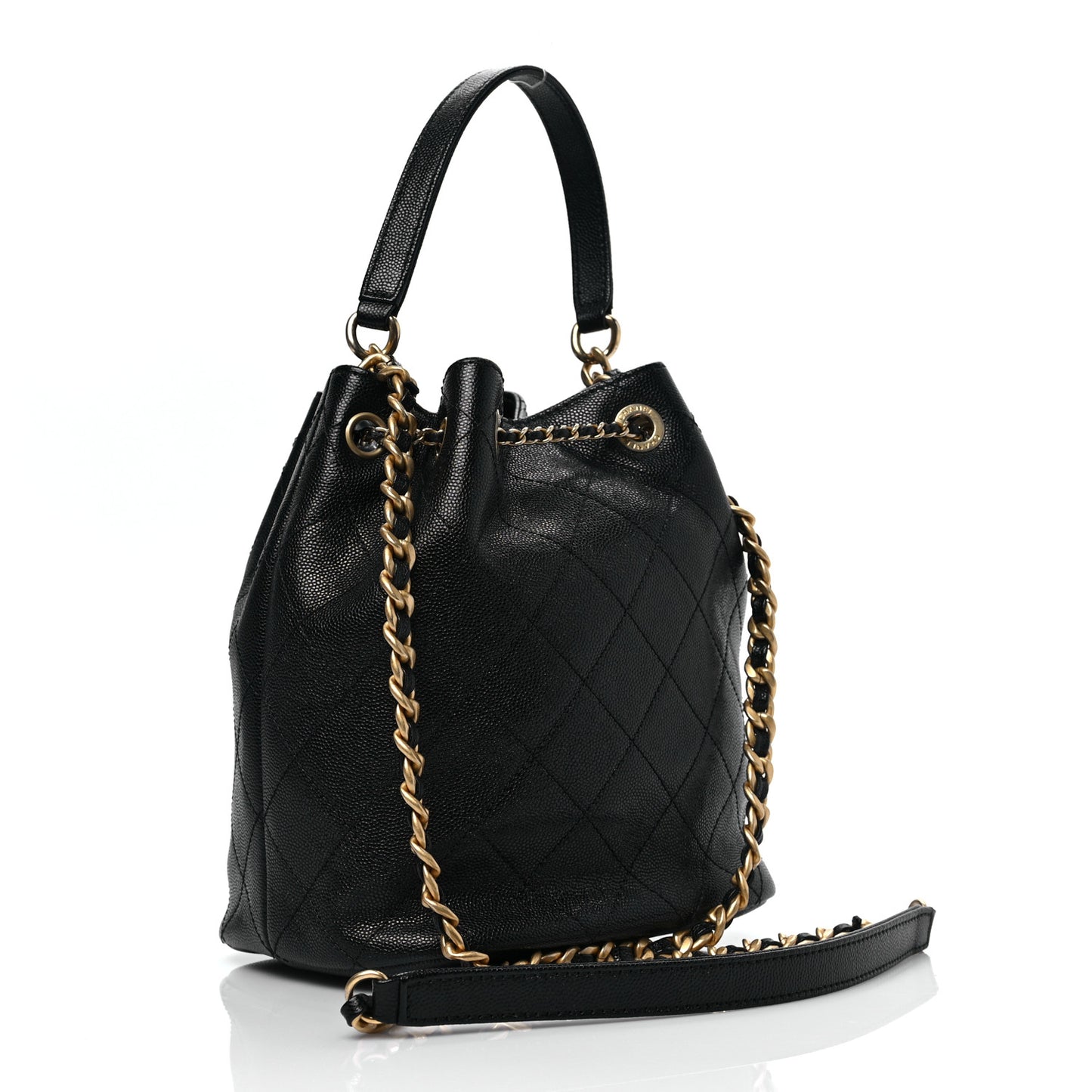 Caviar Quilted Fashion Therapy Bucket Drawstring Bag Black