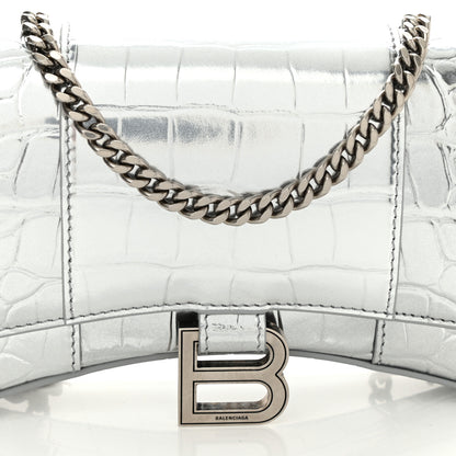 Balenciaga Metallic Calfskin Crocodile Embossed Hourglass Chain Bag Silver 7 of 9