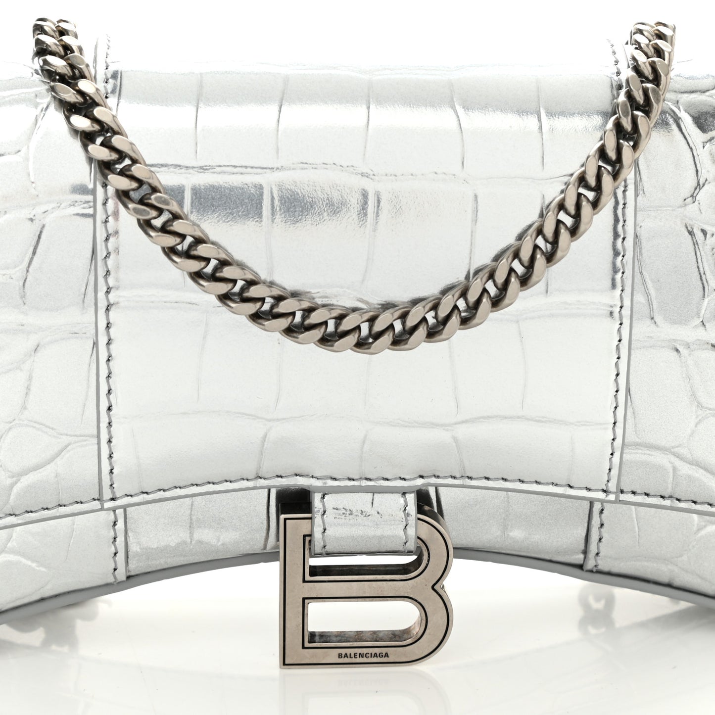 Metallic Calfskin Crocodile Embossed Hourglass Chain Bag Silver