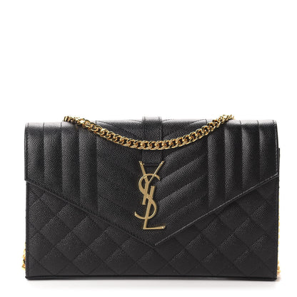 Saint Laurent Grain De Poudre Mixed Matelasse Triquilt Monogram Chain Wallet Black 1 of 11