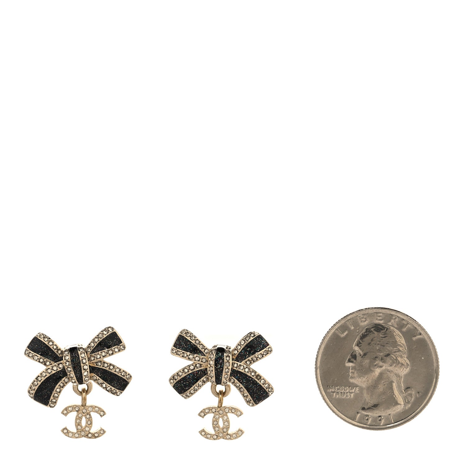 Chanel Crystal Glitter Bow Drop CC Earrings Gold Black 2 of 4