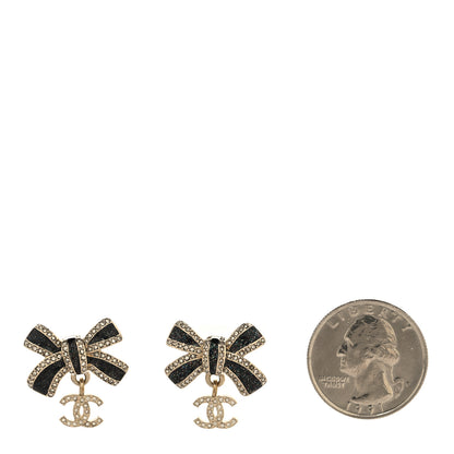Chanel Crystal Glitter Bow Drop CC Earrings Gold Black 2 of 4