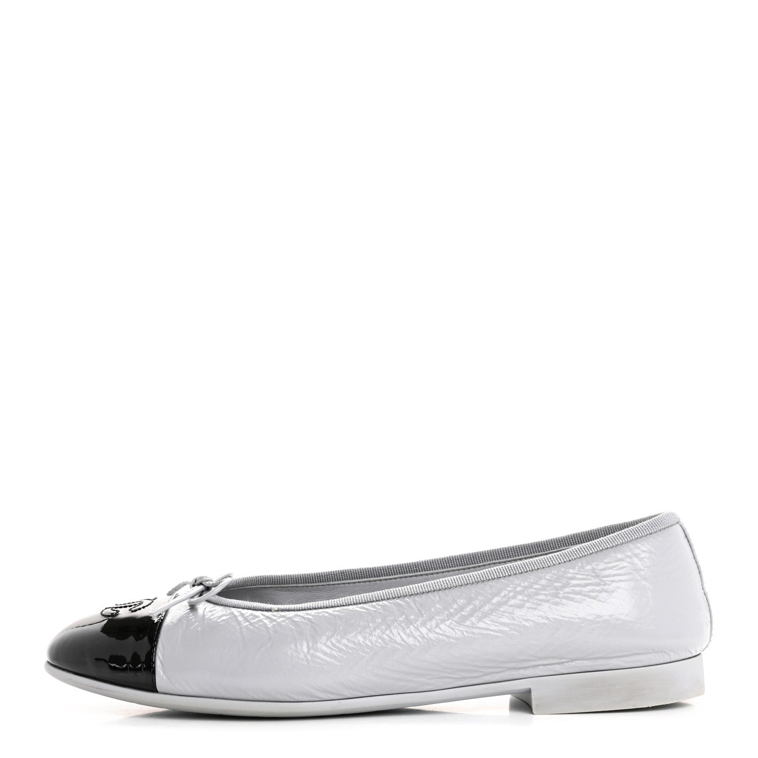 Chanel Shiny Crumpled Calfskin Patent CC Cap Toe Ballerina Flats 39 Grey Black 1 of 14