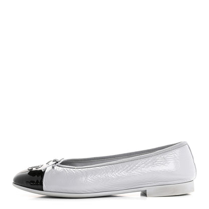 Chanel Shiny Crumpled Calfskin Patent CC Cap Toe Ballerina Flats 39 Grey Black 1 of 14
