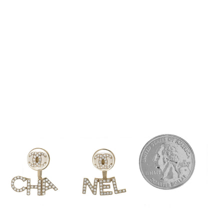 Chanel Crystal Pearl Cha-Nel Logo Earrings Gold 2 of 5