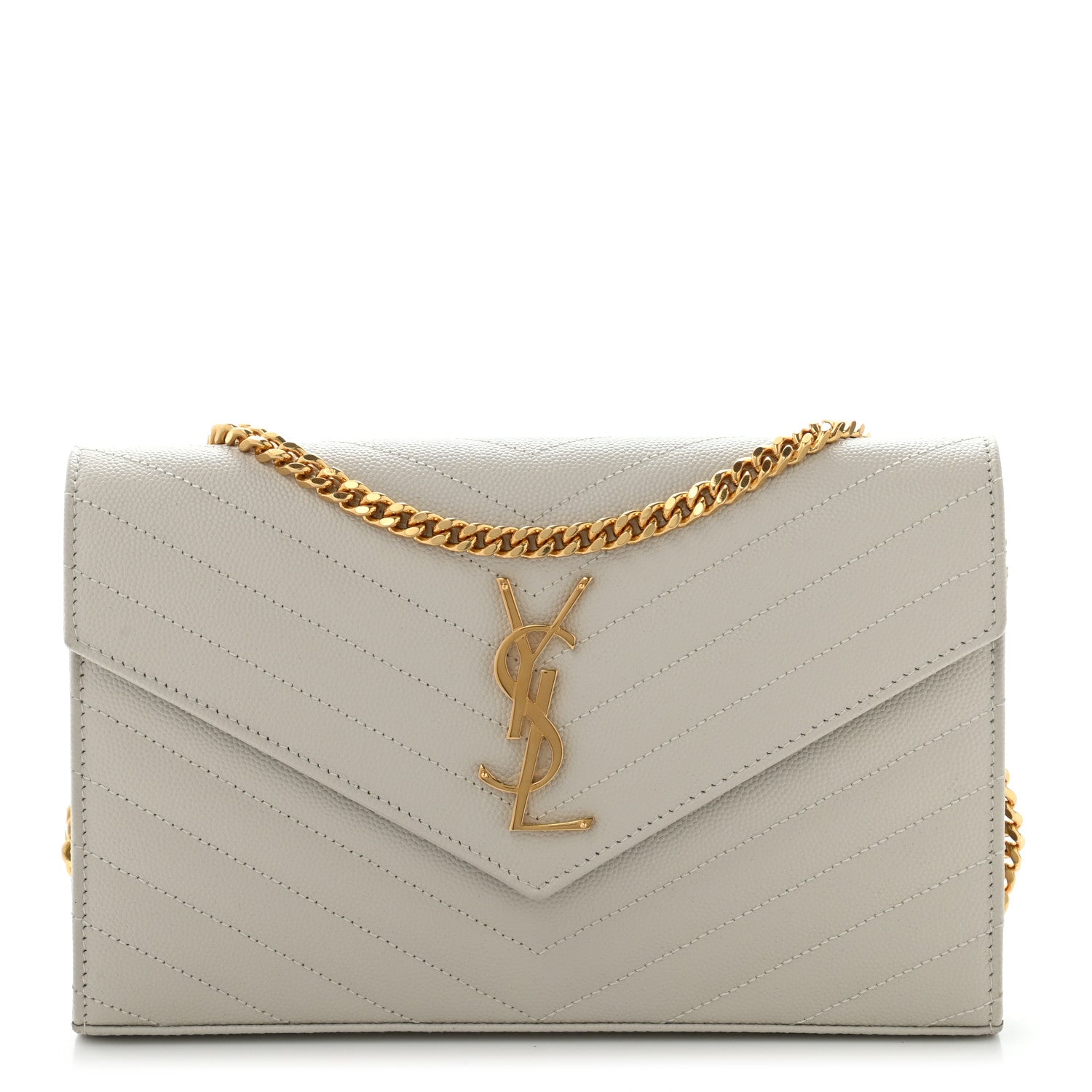 Saint Laurent Grain De Poudre Matelasse Chevron Monogram Chain Wallet White 1 of 6