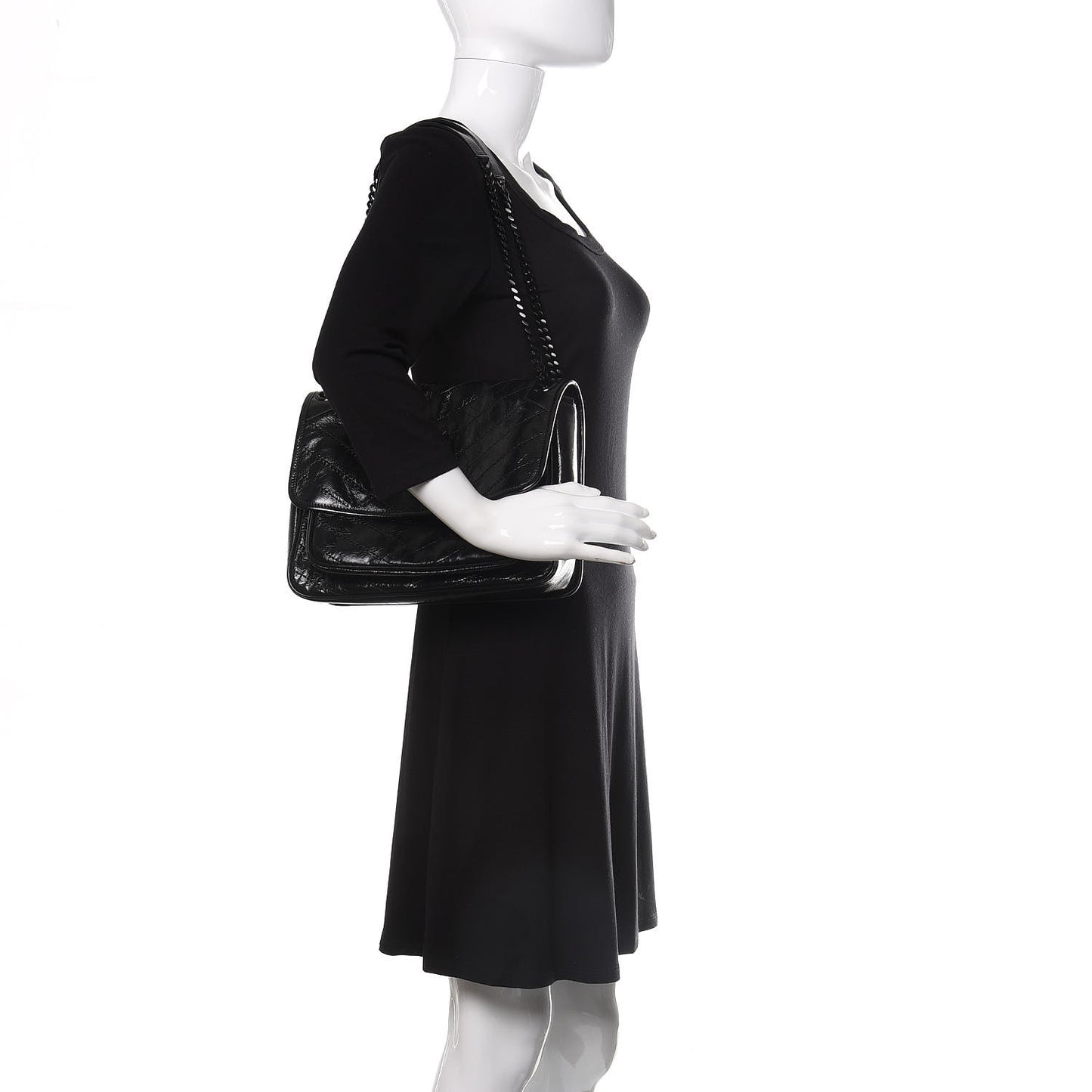 Crinkled Calfskin Matelasse Monogram Medium Niki Chain Satchel Black