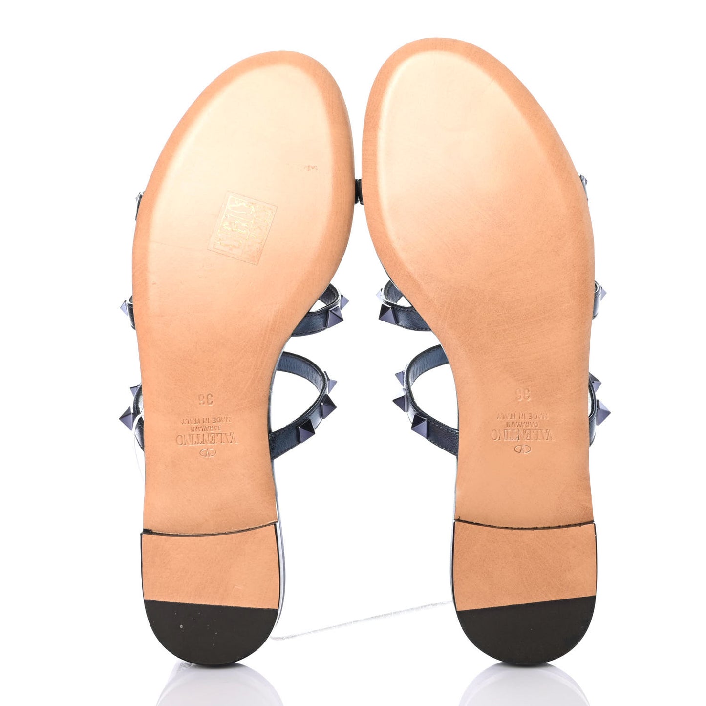 Metallic Calfskin Rockstud Caged Flat Slide Sandals 36 Marine
