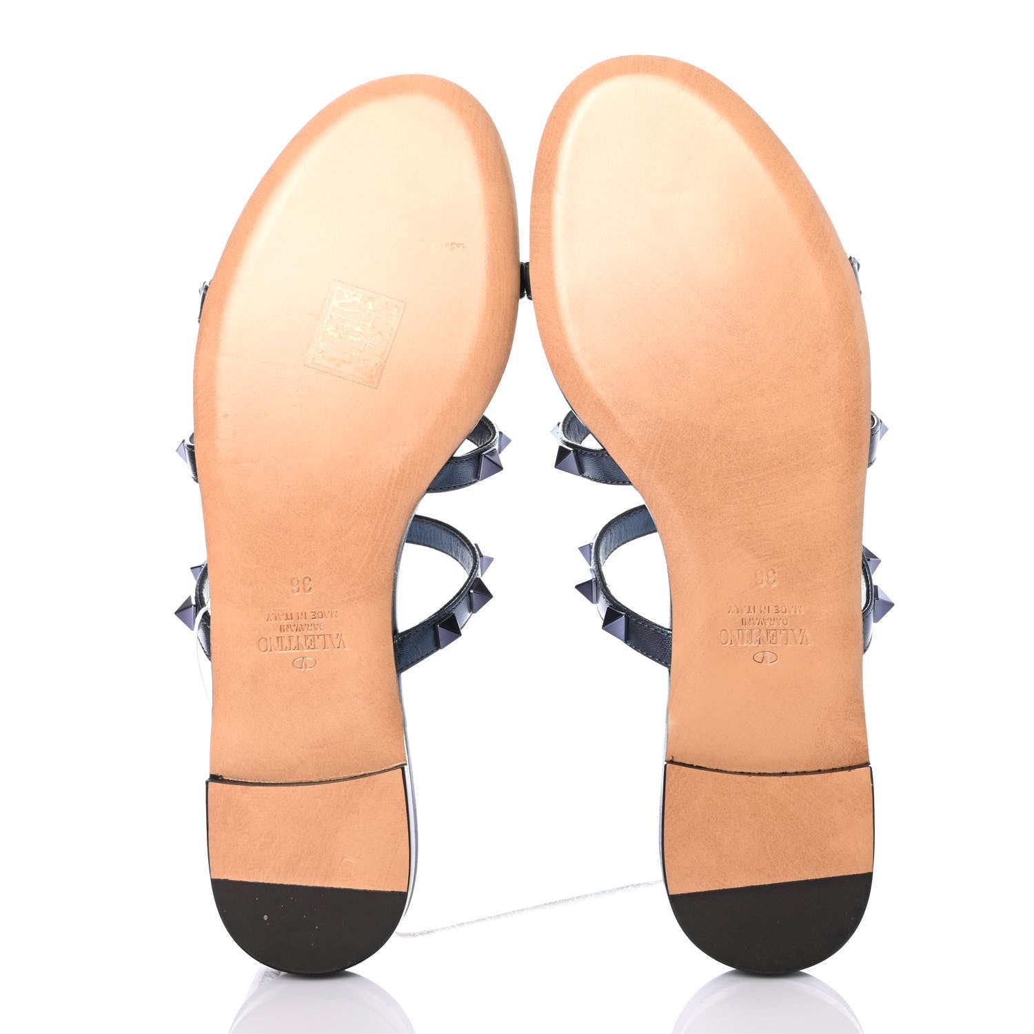 Valentino Garavani Metallic Calfskin Rockstud Caged Flat Slide Sandals 36 Marine 4 of 4