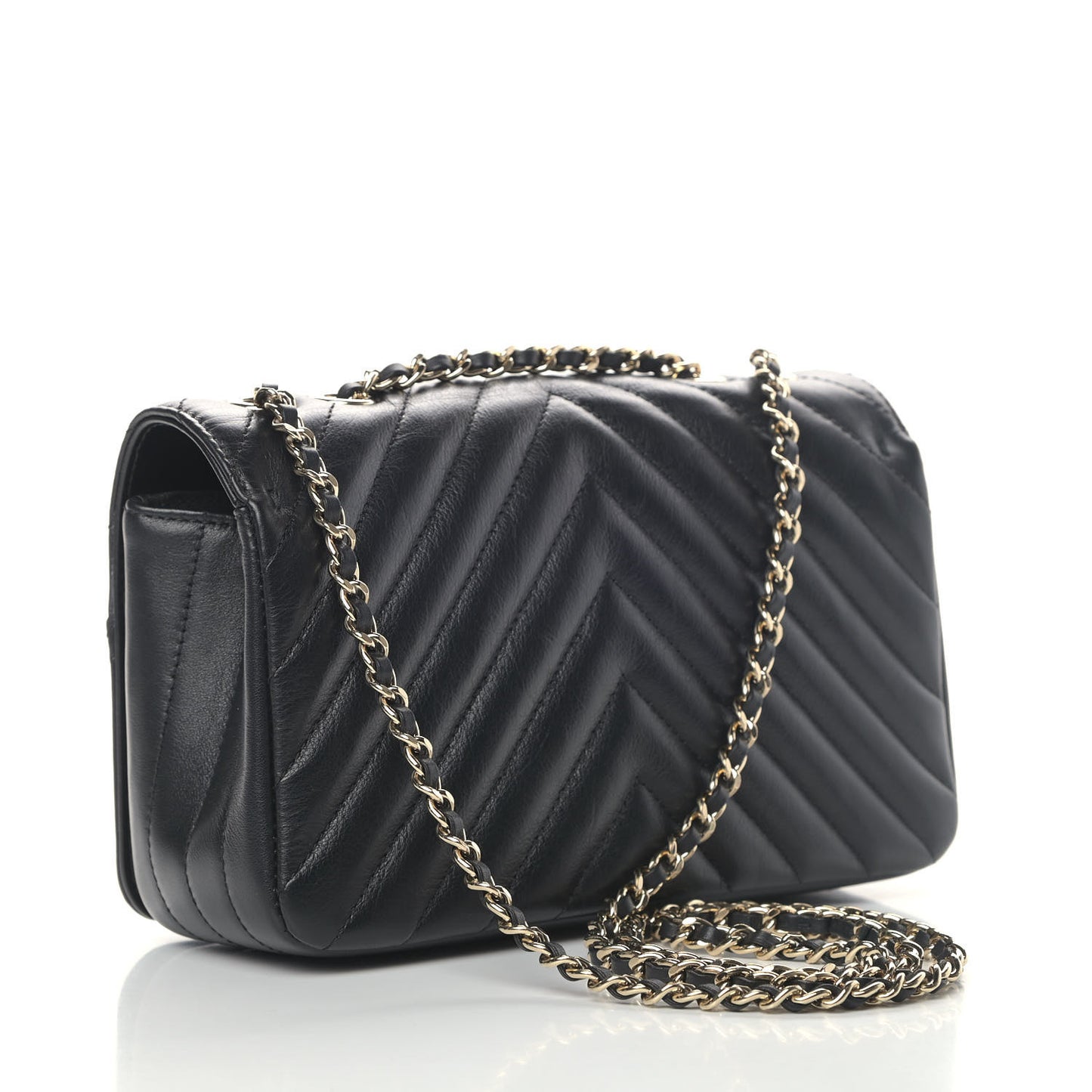 Calfskin Chevron Quilted Mini Statement Flap Black