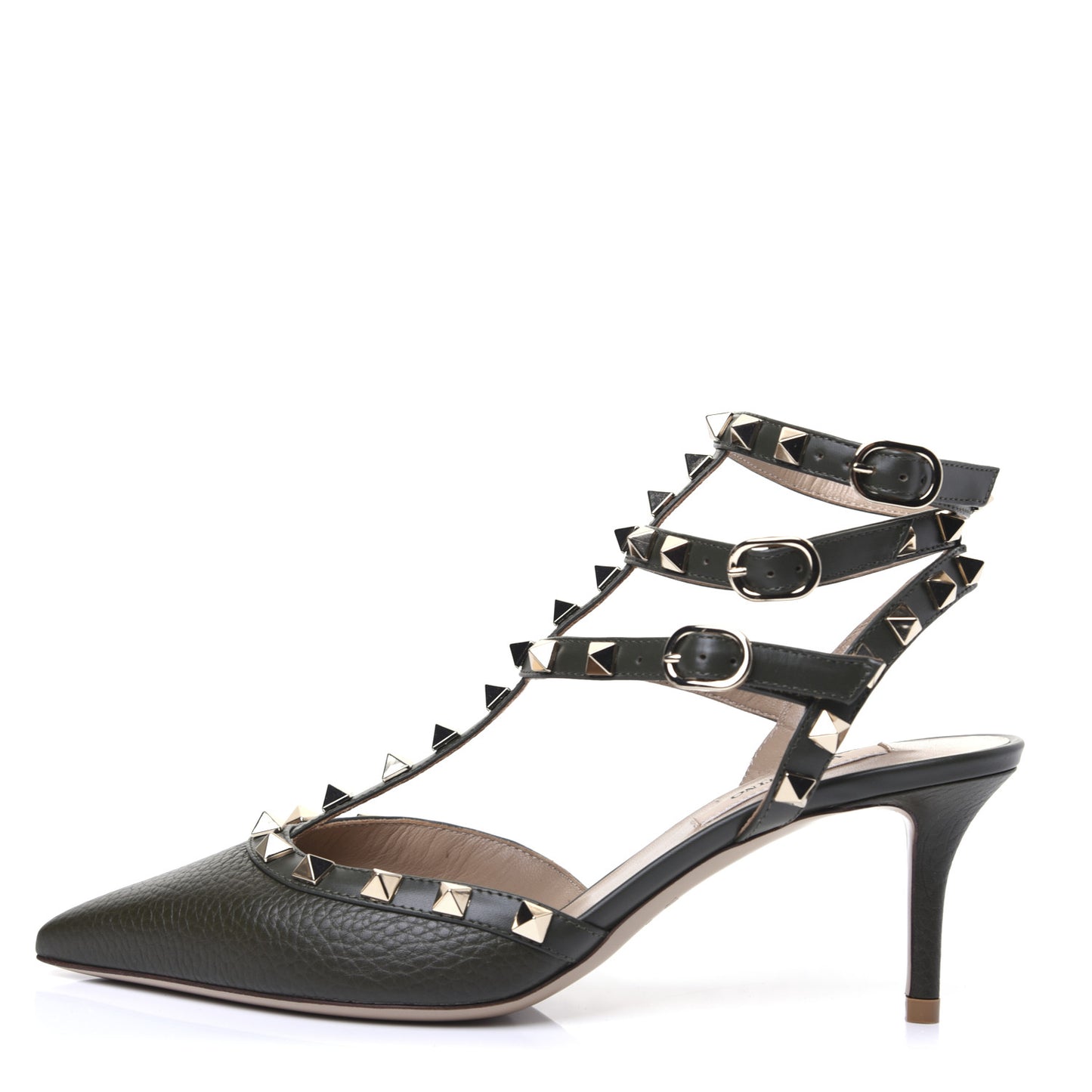 Pebbled Calfskin Rockstud Ankle Strap 65mm Pumps 37 Olive Green