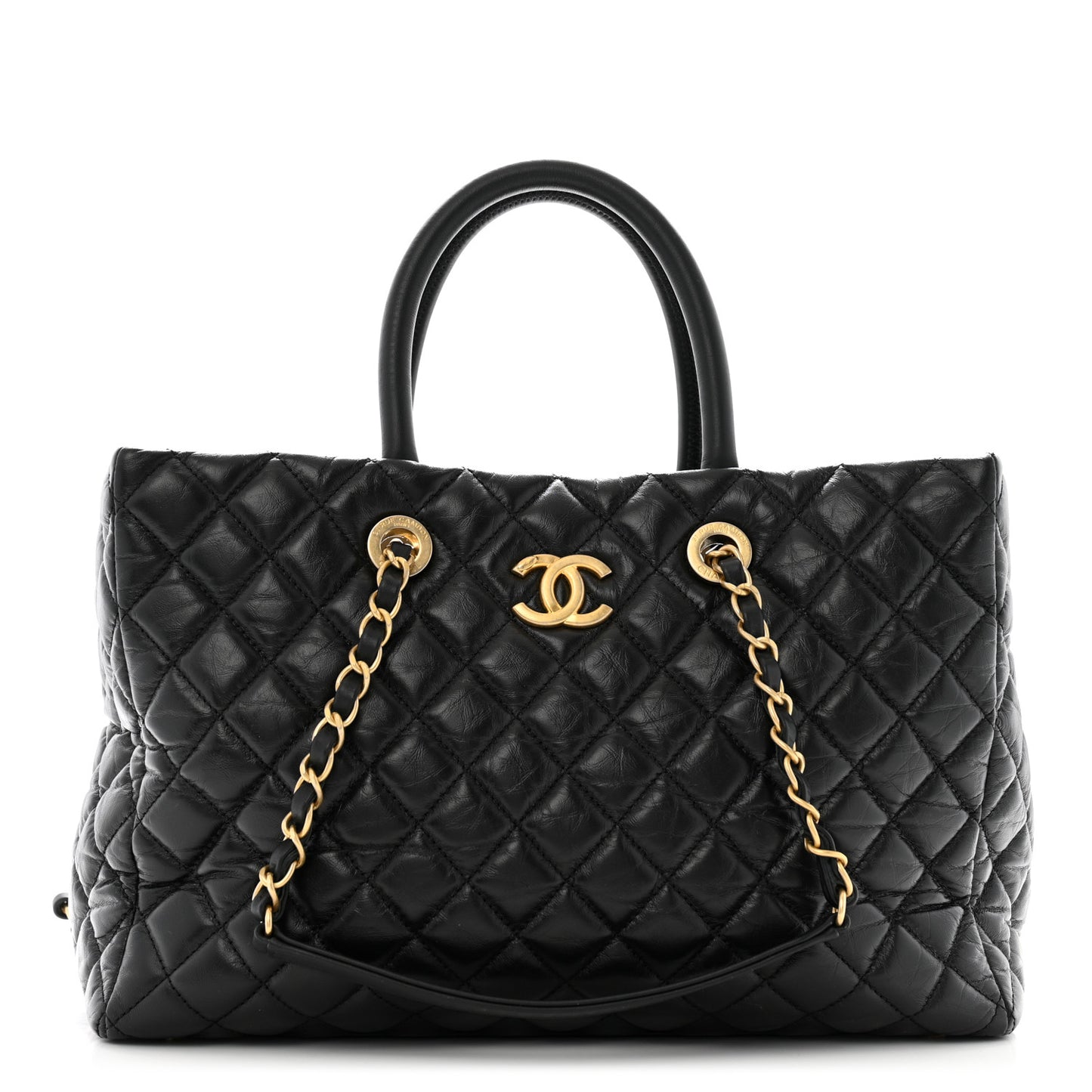 Aged Calfskin Quilted Large Coco Handle Shopping Tote Black