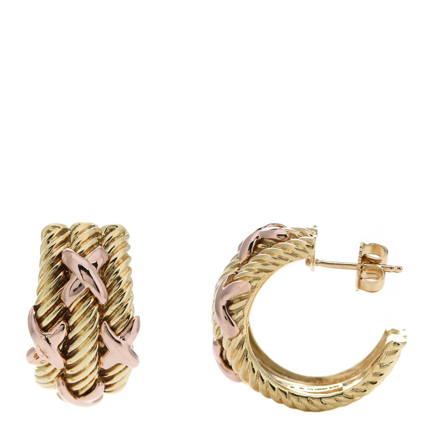 14K Yellow Rose Gold Three Row Cable X Earrings
