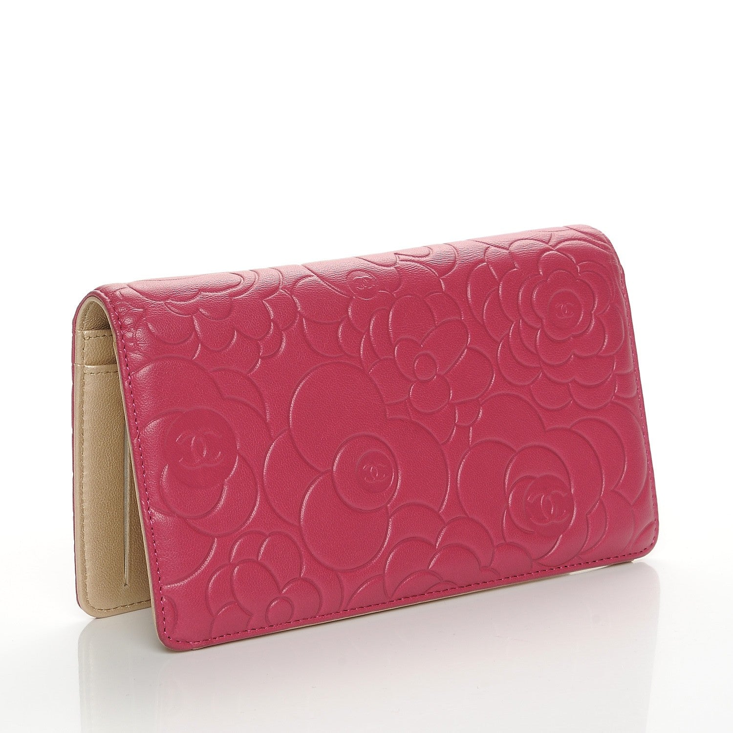 Chanel Lambskin Camellia Embossed Yen Wallet Fuchsia 3 of 8
