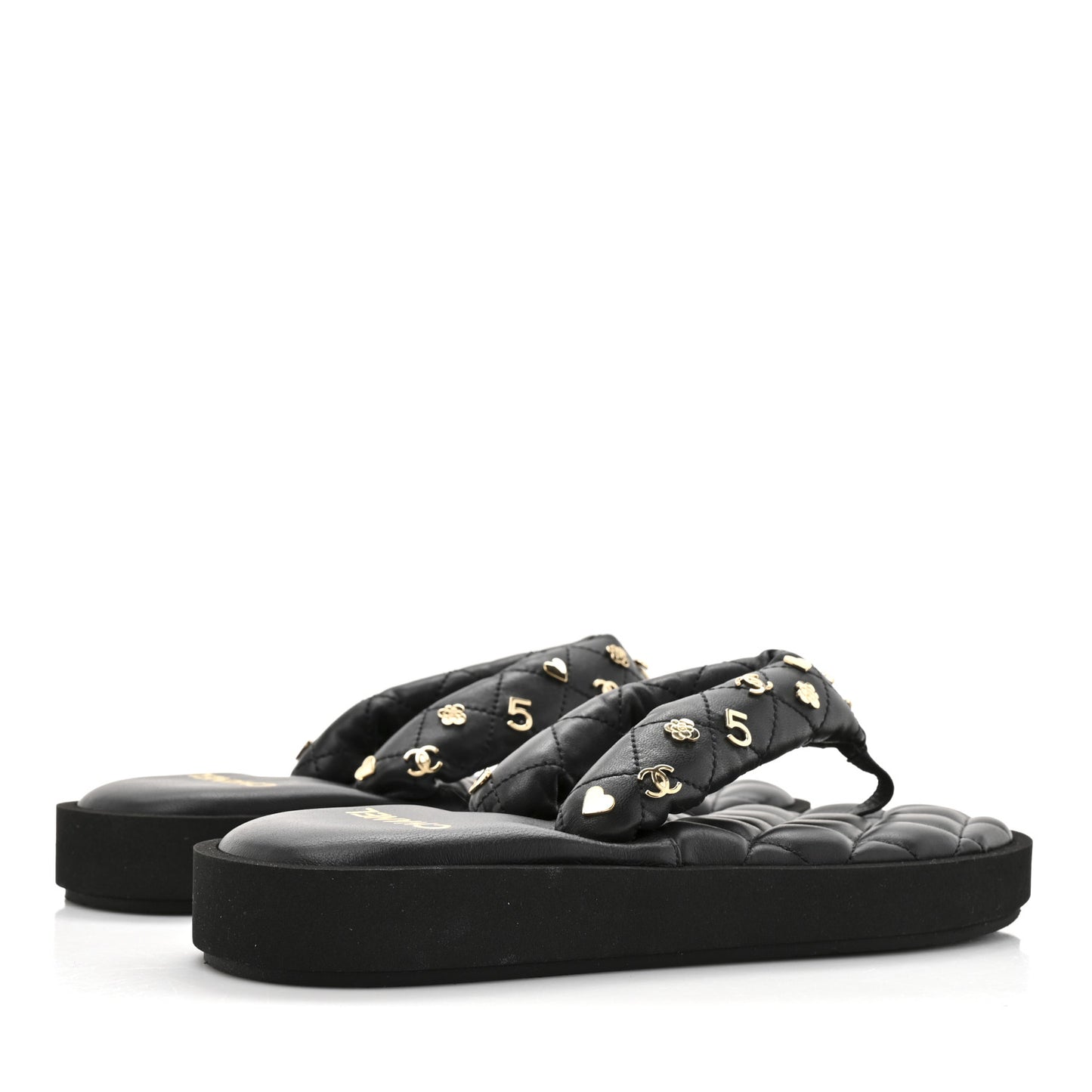 Lambskin Quilted Padded Charms Thong Sandals 36 Black