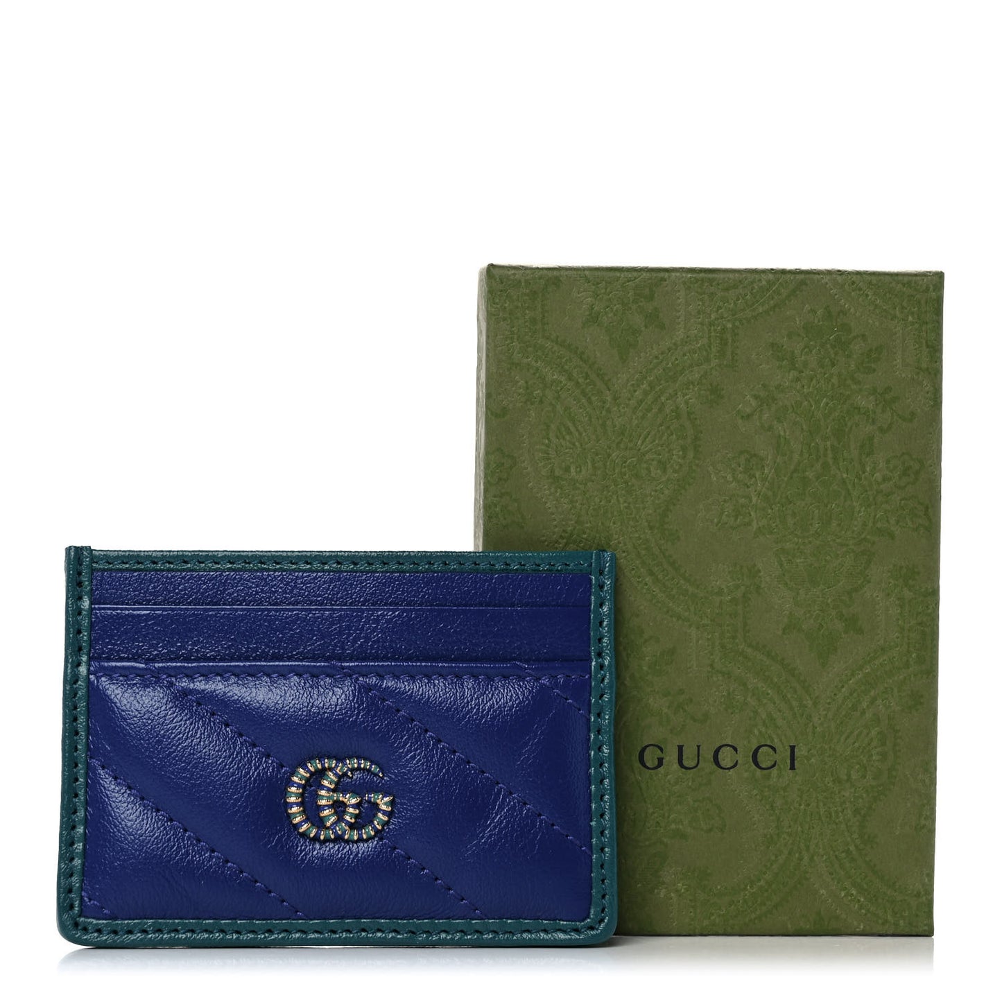 Azalea Calfskin Matelasse Diagonal Enamel Torchon GG Marmont Card Holder Imperial Blue Pavone