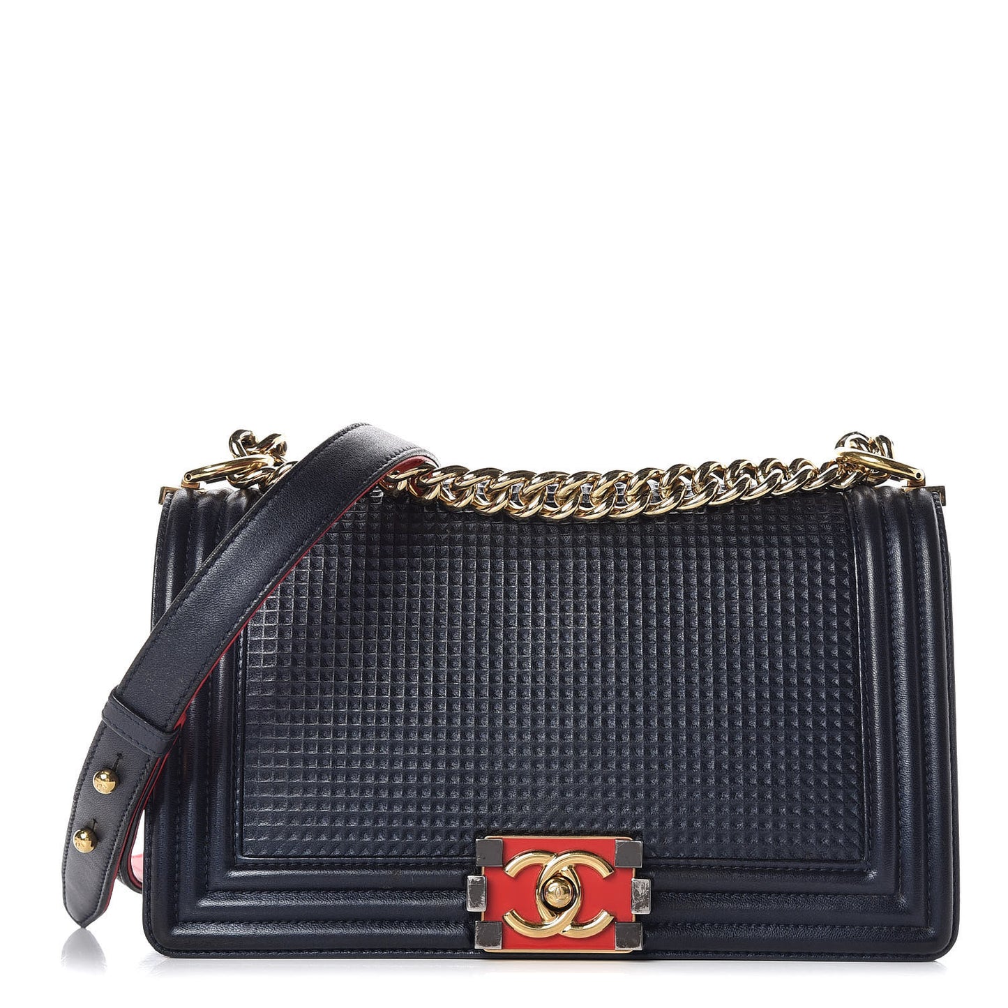 Lambskin Embossed Medium Boy Cube Flap Navy