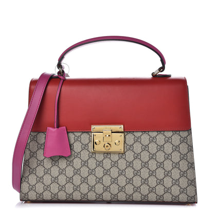 Gucci GG Supreme Monogram Calfskin Medium Padlock Top Handle Bag Beige Hibiscus Red New Rosette 1 of 7