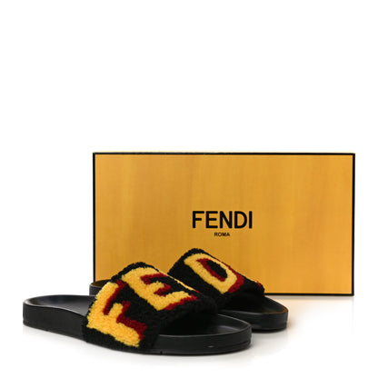 Fendi Shearling Logo Mens Slide Sandals 8.5 Black Giallo Ribes 12 of 12
