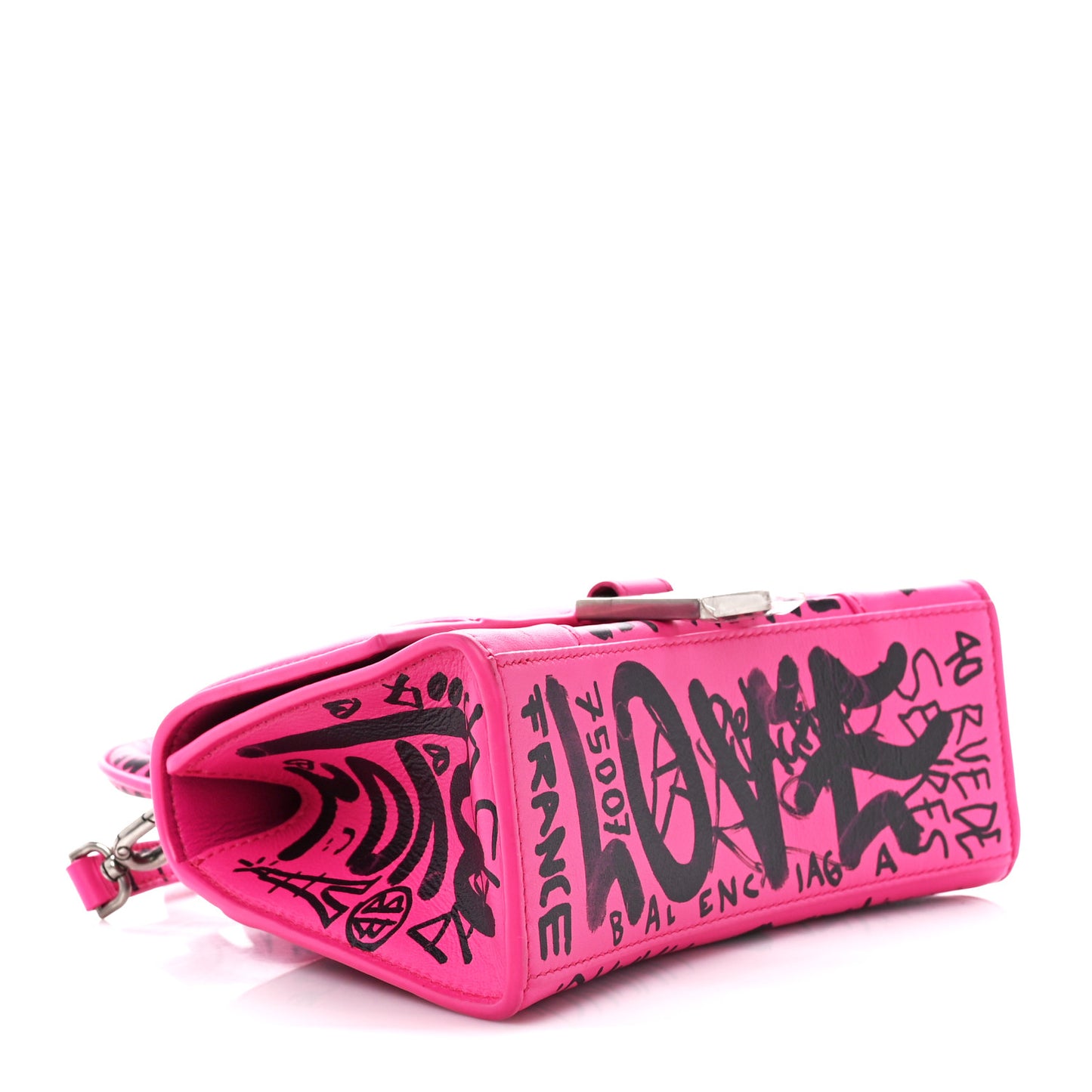 Smooth Calfskin Graffiti Hourglass Top Handle Bag XS Acid Fuchsia Black
