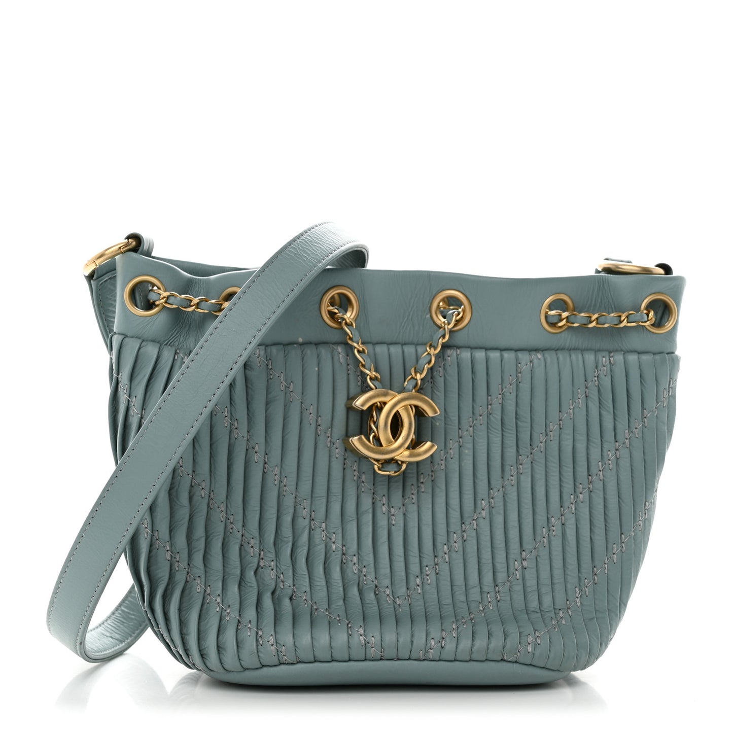 Crumpled Calfskin Coco Pleats Drawstring Bag Blue