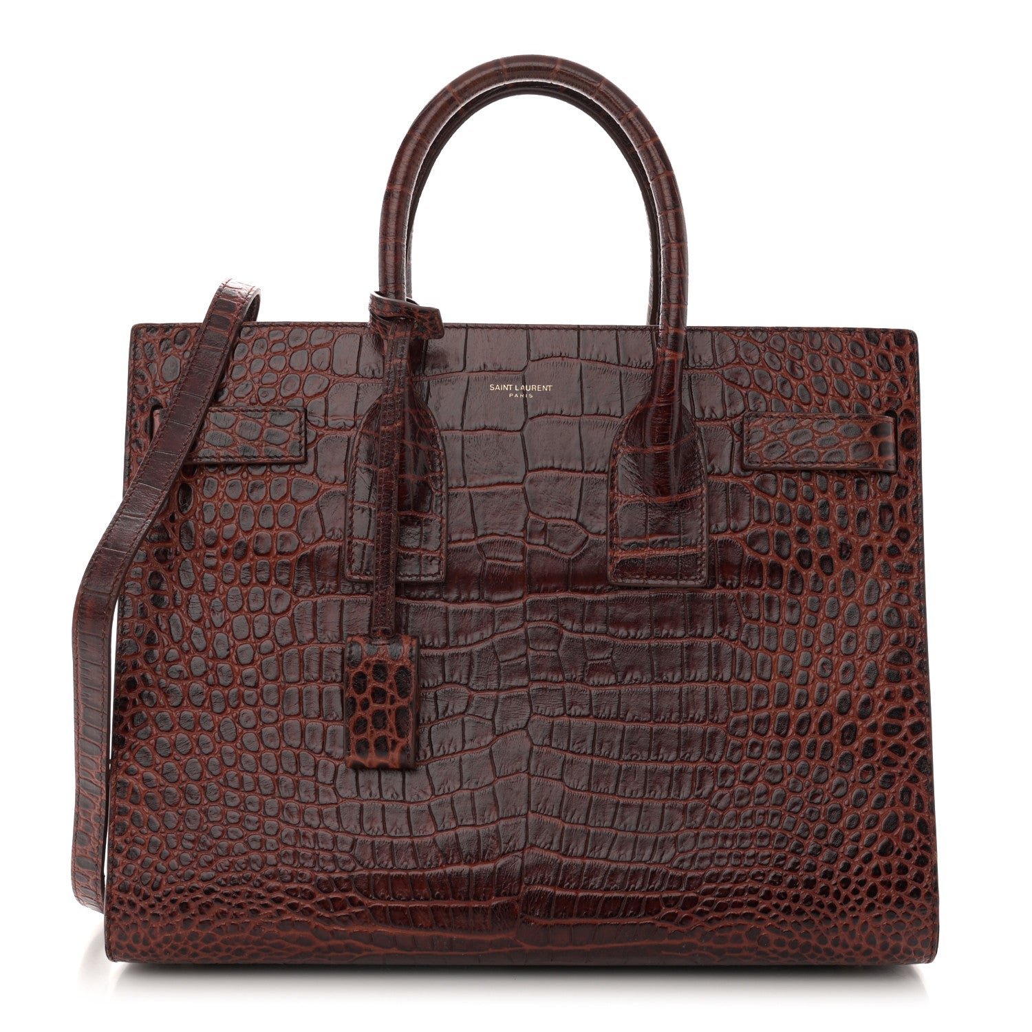 Saint Laurent Calfskin Crocodile Embossed Small Sac De Jour Dark Blood 1 of 13