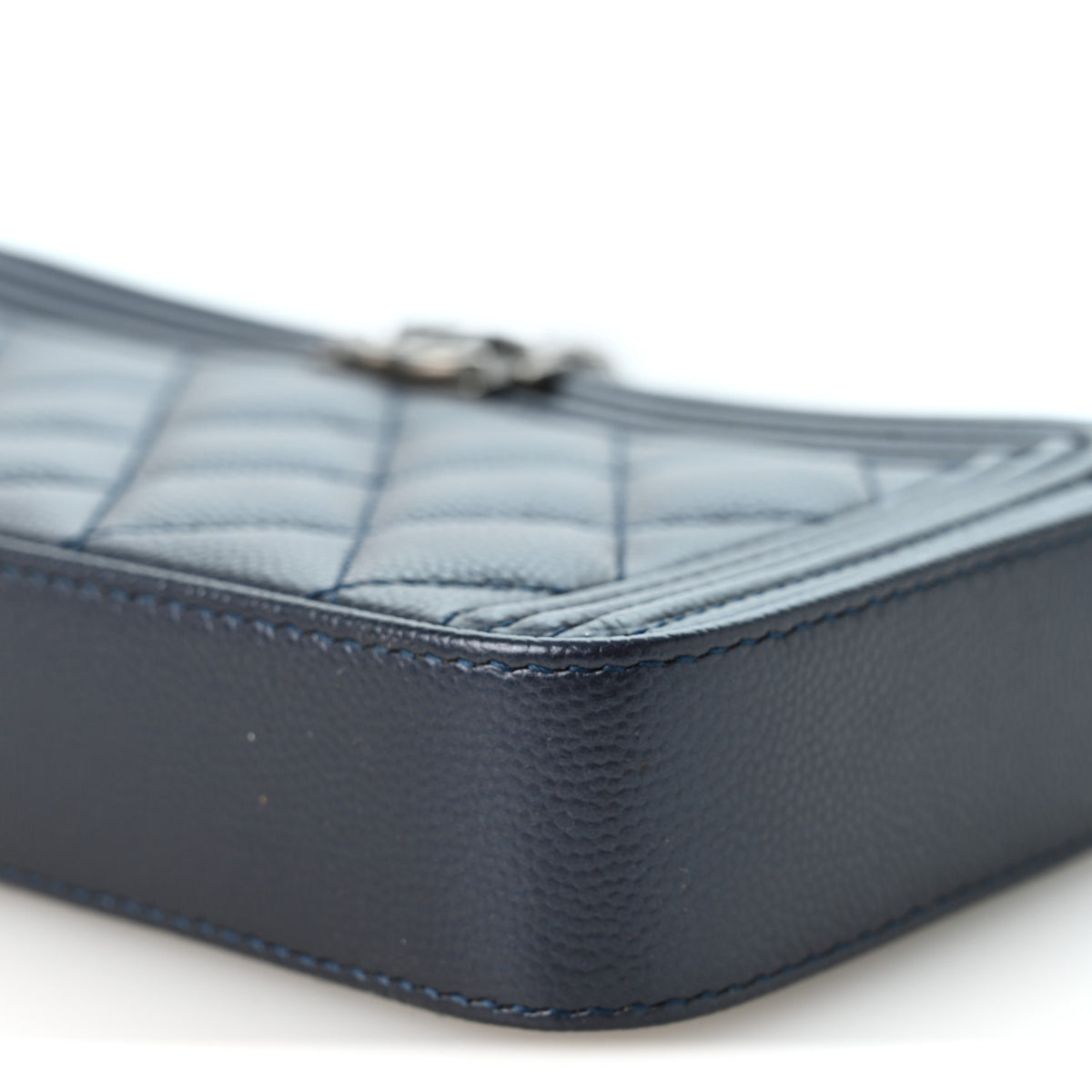 Metallic Caviar Quilted Small Boy Clutch With Chain Navy