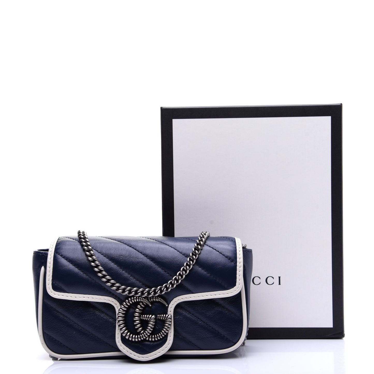 Vintage Effect Calfskin Matelasse Diagonal Super Mini Torchon GG Marmont Shoulder Bag Blue Agata Mystic White