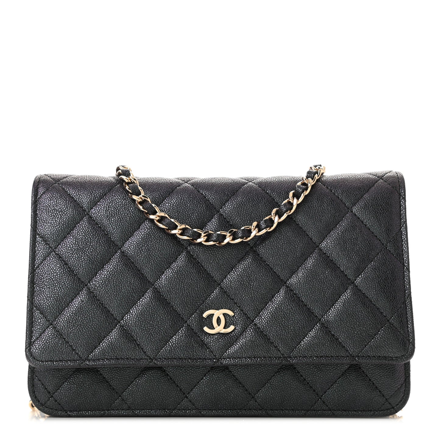 Iridescent Caviar Quilted Wallet On Chain WOC Black