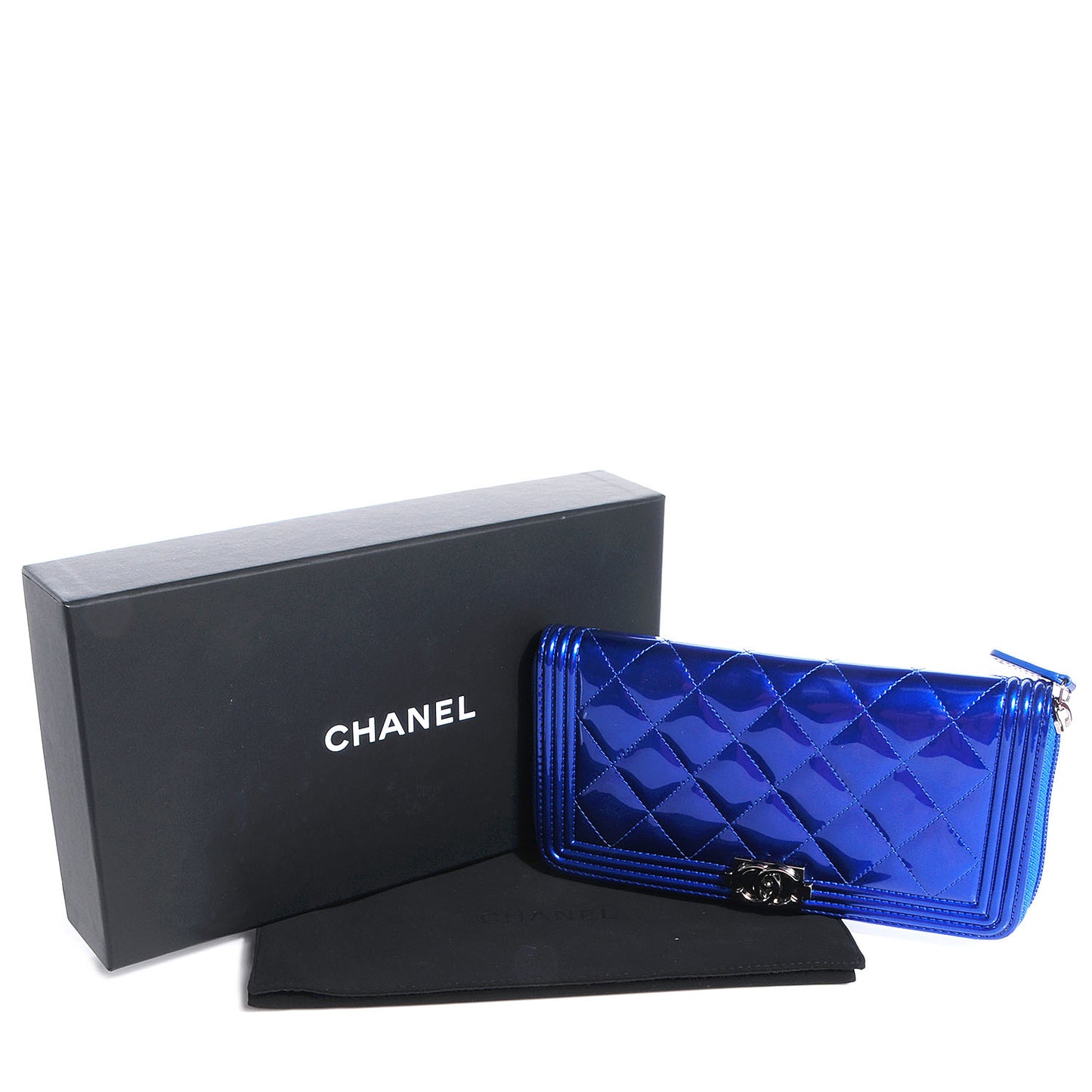 Metallic Patent Quilted Boy L-Gusset Zip Wallet Blue
