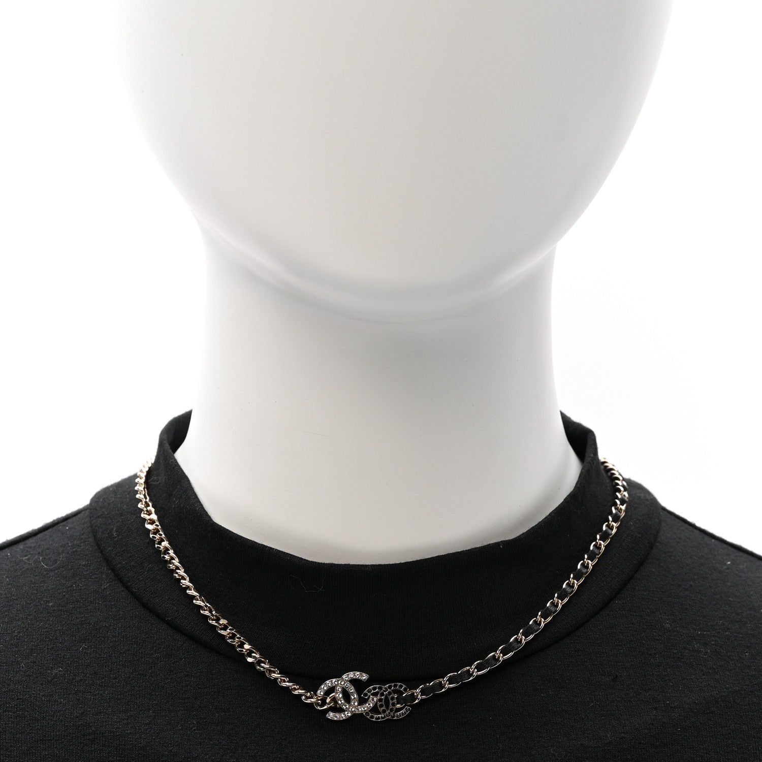 Chanel Metal Calfskin Crystal Double CC Short Necklace Black Gold 2 of 6