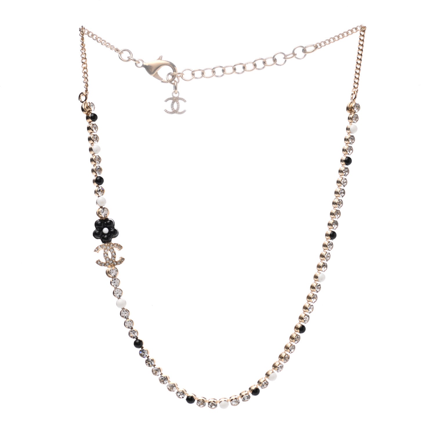 Chanel Crystal Pearl Glass Beaded CC Short Necklace Gold White Black 3 of 6