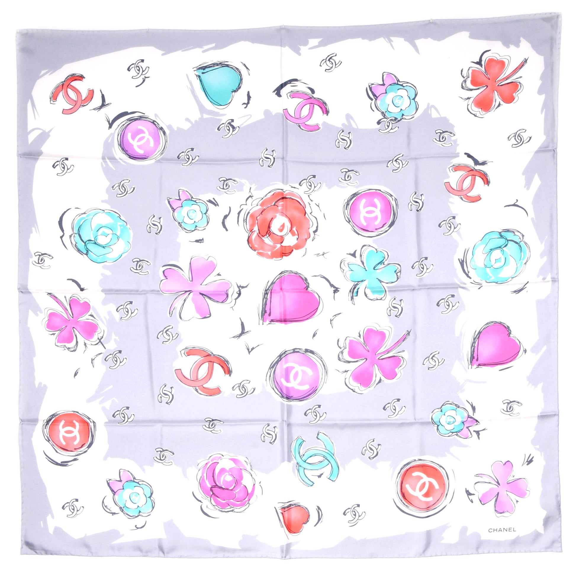 Chanel Silk CC Camellia Clover Heart Scarf Grey 2 of 5