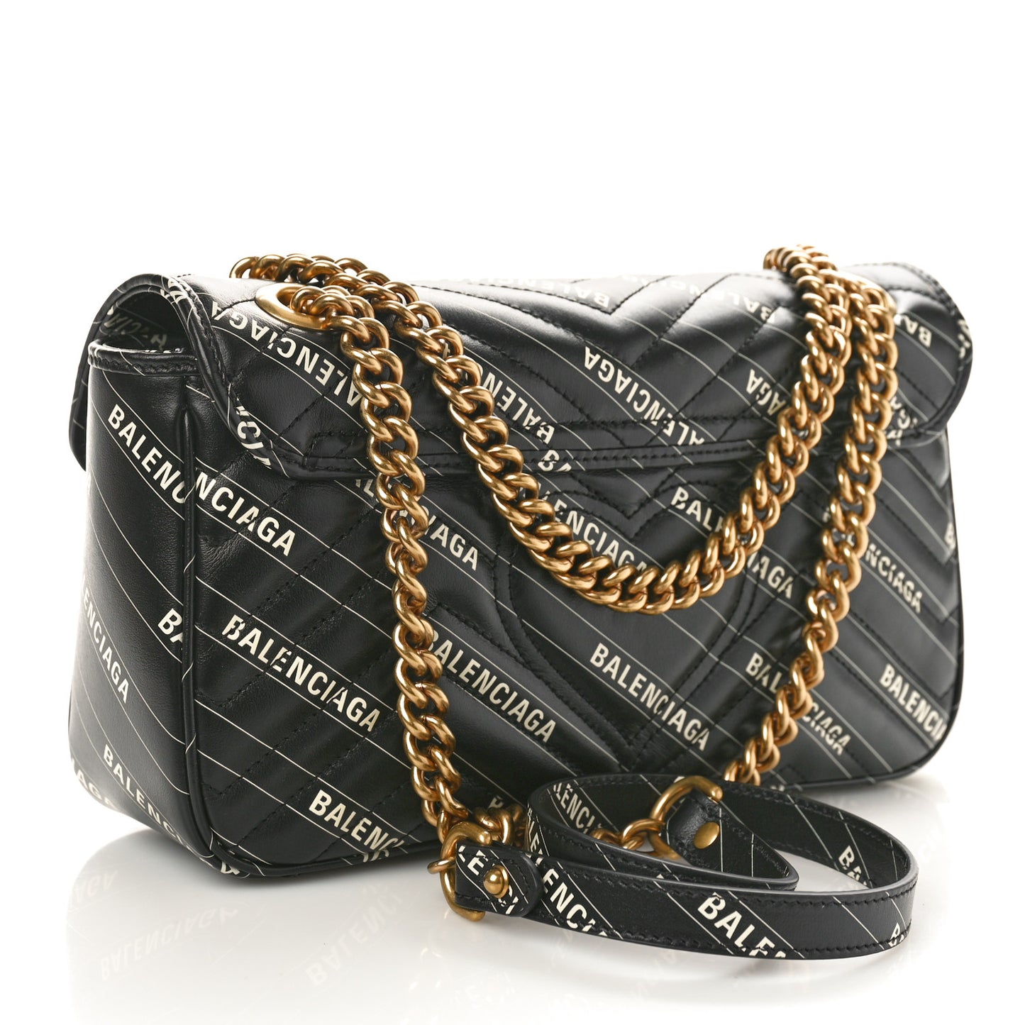 X BALENCIAGA Calfskin Matelasse Logo Print Small GG Marmont Shoulder Bag Black