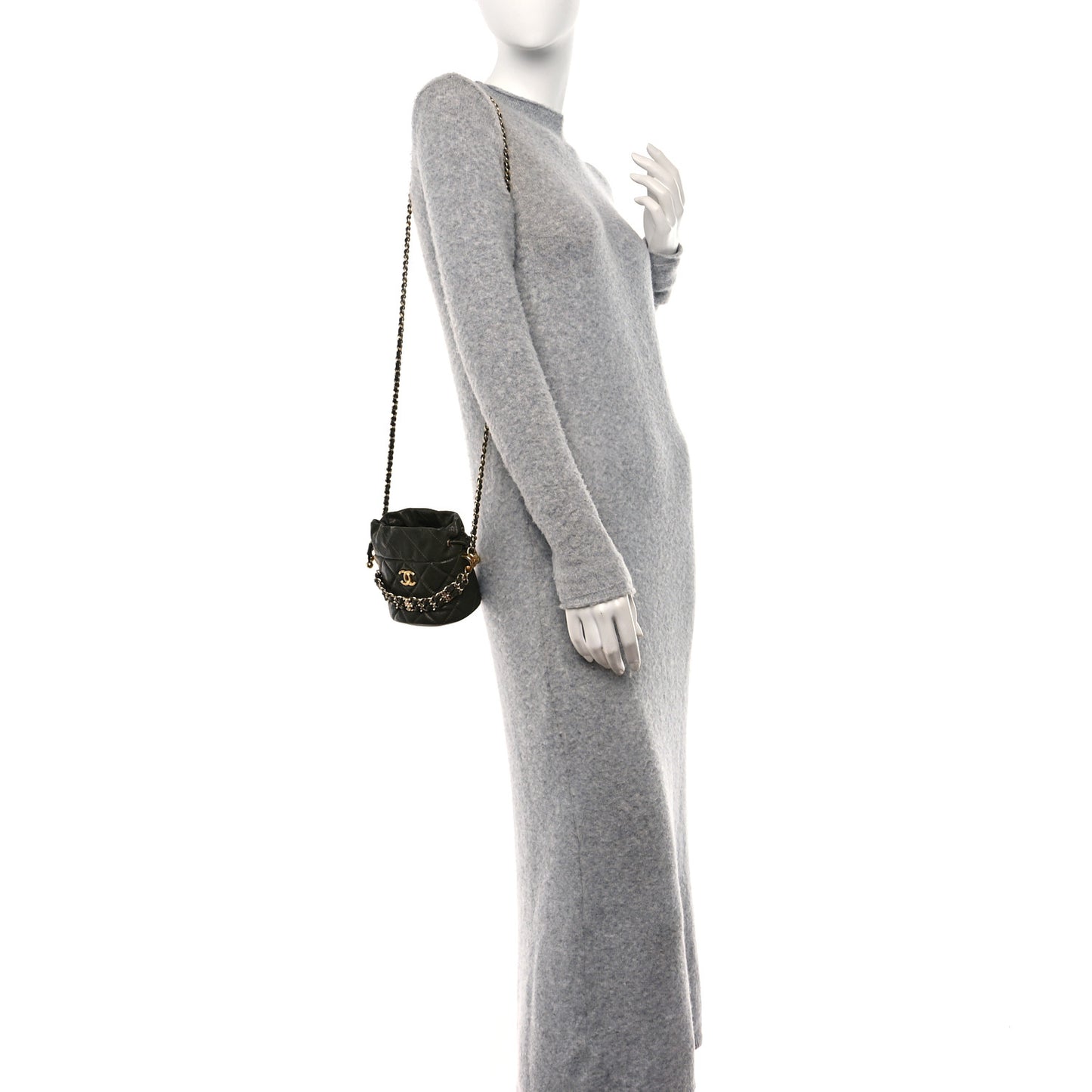 Caviar Quilted Coco First Bucket Clutch With Chain Khaki