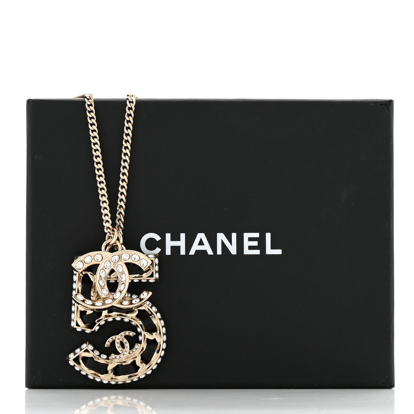 Lambskin Crystal CC Number 5 Pendant Necklace Gold Black