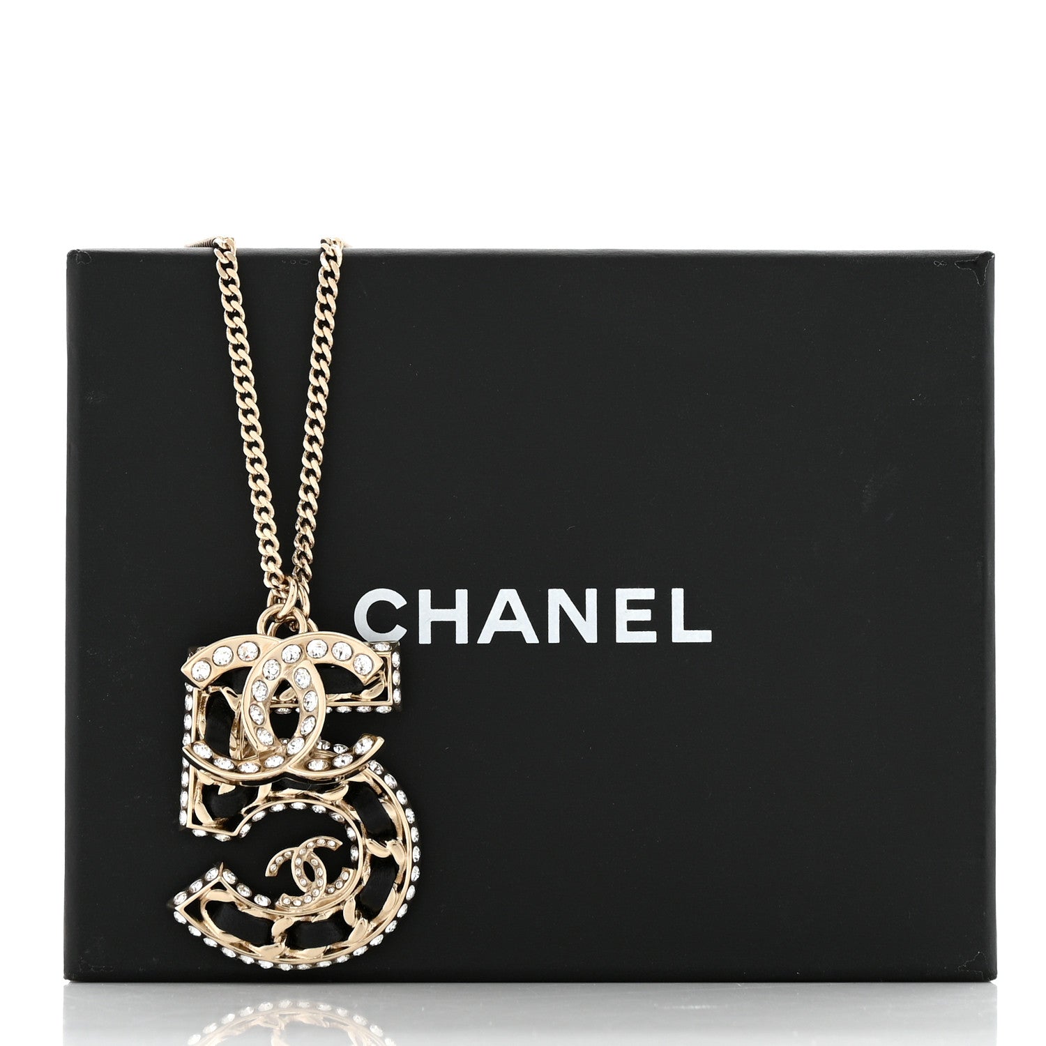 Chanel Lambskin Crystal CC Number 5 Pendant Necklace Gold Black 6 of 6